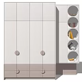 Modern White and Light Gray Wardrobe with Circular Handles and Open Shelves Storage Design