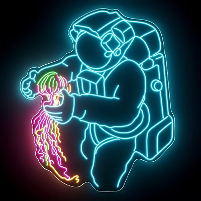 Astronaut Neon Design Holding Colorful Lines With Vibrant Glowing Lights And Details 3d model