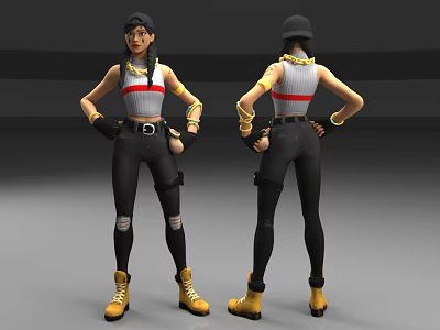 Game Movie Character Braids Black Cap Gray White Striped Tank Top Ripped Pants Yellow Boots 3d model