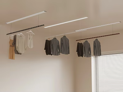 Ceiling Mounted Clothing Rack With LED Light Strips Holding Various Clothes In Room 3d model