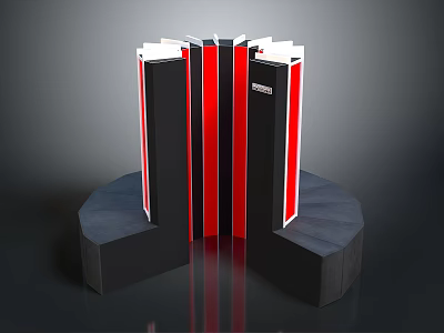 Modern Building Design With Black And Red Vertical Structures White Top And Black Curved Base 3d model