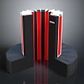 Modern Building Design With Black And Red Vertical Structures White Top And Black Curved Base