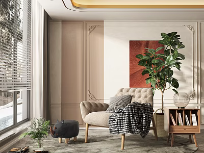 Beige Single Sofa with Grey Cushion Plaid Blanket near Window Blinds Red Artwork and Green Plant 3d model