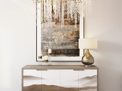 Chest of Drawers With Mountain Pattern Brown White Design Table Lamp Candles And Crystal Chandelier 3d model