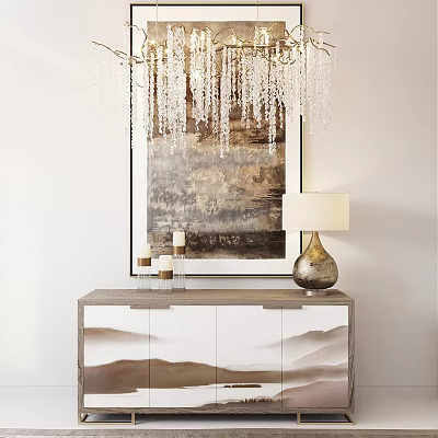 Chest of Drawers With Mountain Pattern Brown White Design Table Lamp Candles And Crystal Chandelier 3d model
