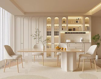 French Cream Style Home Restaurant Solid Wood Dining Table and Chair Combination Fabric Backrest Dining Chair Kitchen Glass Cabinet Wine Cabinet 3d model
