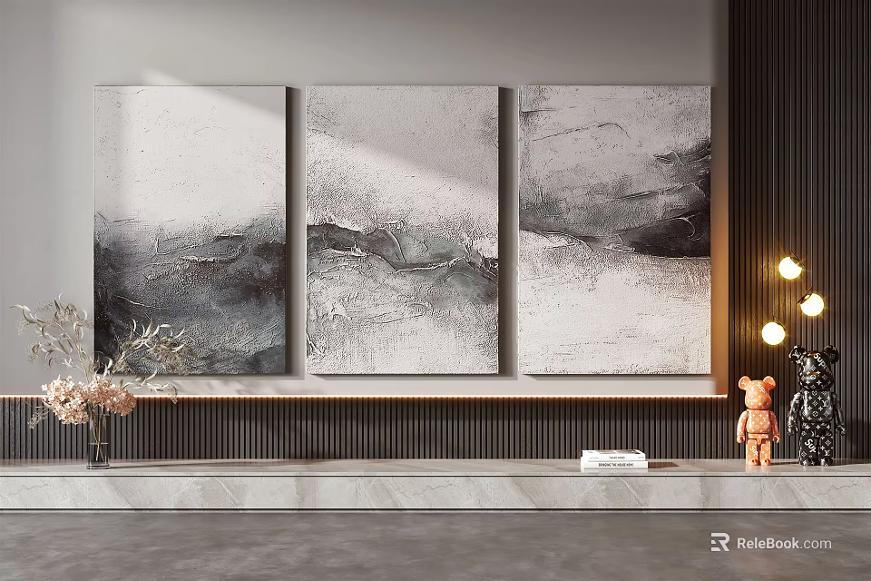 Three Modern Abstract Art Paintings With Gray Textured Design For Home Wall Decor 3d model 