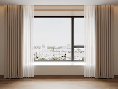 Modern Beige And White Window Curtains With City View And Wooden Floor Interior 3d model