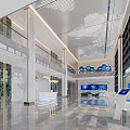 Modern Lobby Reception Area With Elegant Design Marble Accents Blue Chairs And White Tables