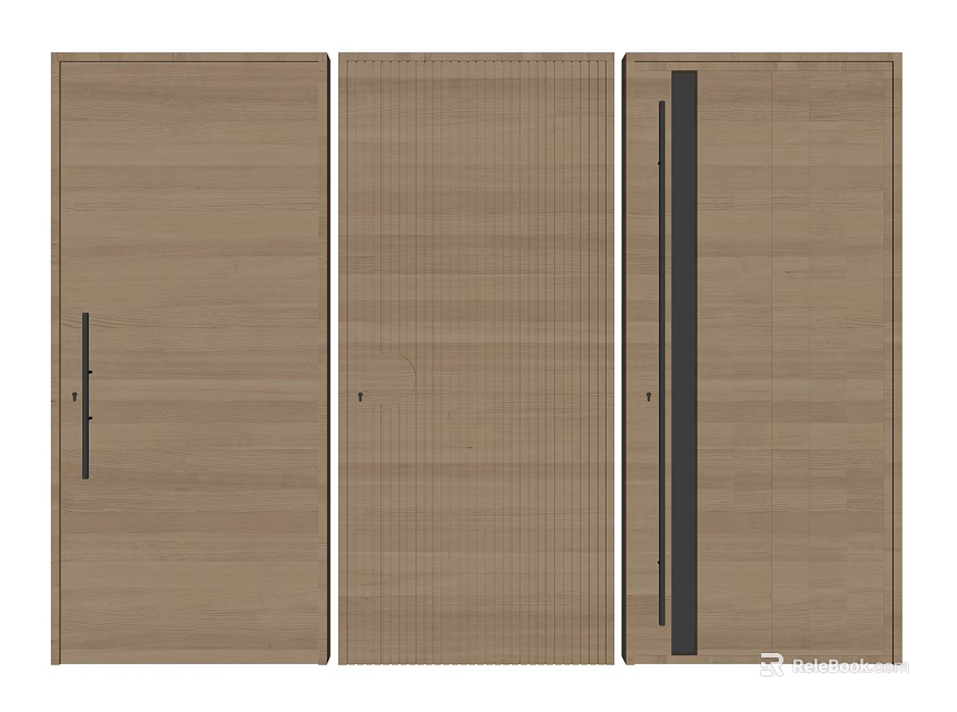 Wooden Hinged Doors with Various Panel Textures and Modern Handle Designs 3d model