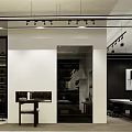 Modern Exhibition Hall Interior With Large Screen Display Shelves And Tables