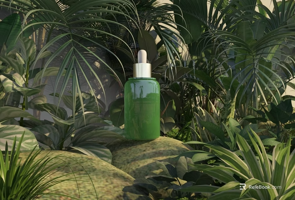 Green Skincare Serum Bottle Display With Lush Green Plants And Stones 3d model 