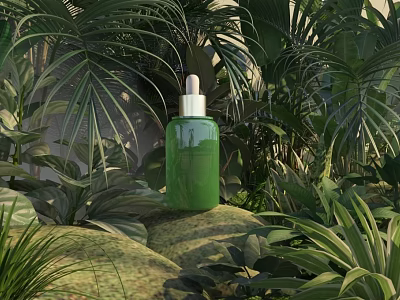 Green Skincare Serum Bottle Display With Lush Green Plants And Stones 3d model