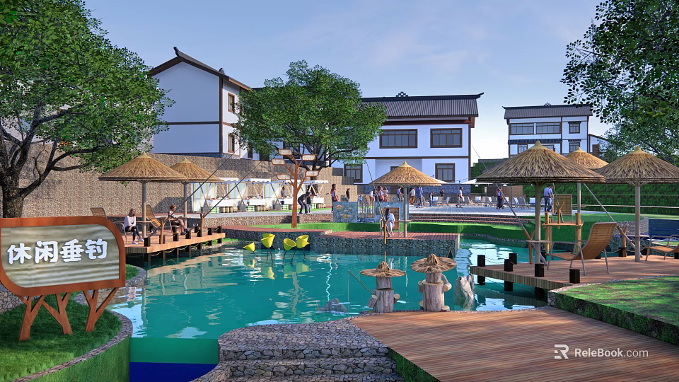 Scenic Chinese Traditional Buildings Leisure Area With Pond Wooden Walkway And Thatched Umbrellas 3d model 