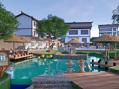 Scenic Chinese Traditional Buildings Leisure Area With Pond Wooden Walkway And Thatched Umbrellas 3d model