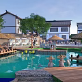 Scenic Chinese Traditional Buildings Leisure Area With Pond Wooden Walkway And Thatched Umbrellas