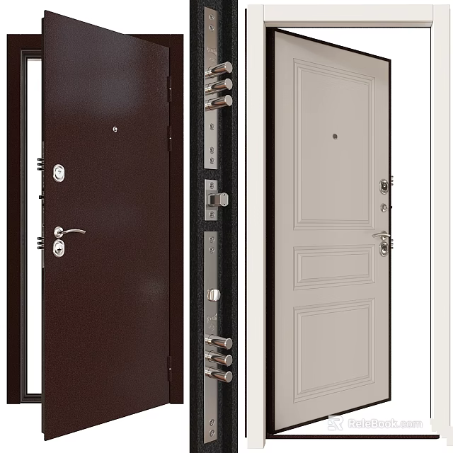 Modern Interior Doors With Brown And White Panels And Secure Lock Systems 3d model 