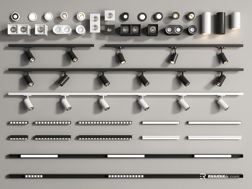 Modern Downlights and Spotlights Display With Multiple Styles Track Design And Color Options 3d model 