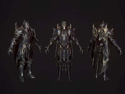 Three Armored Fantasy Warrior Characters Showcasing Intricate Dark Metal Armor With Spiked Details 3d model