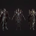 Three Armored Fantasy Warrior Characters Showcasing Intricate Dark Metal Armor With Spiked Details
