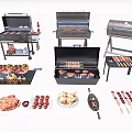 Various Types Of Barbecue Grills Skewers Roasted Meat And Tools