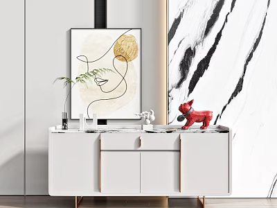White Entryway Console Table with Marble Top Gold Legs Red Dog Figurine and Green Plant 3d model