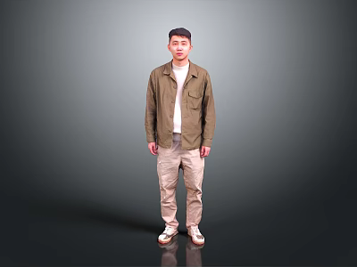 Man in brown shirt white undershirt khaki pants beige shoes against gray black gradient background 3d model