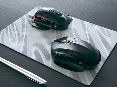 High Precision Black Wireless Mice With Ergonomic Grip On Patterned Mouse Pad 3d model