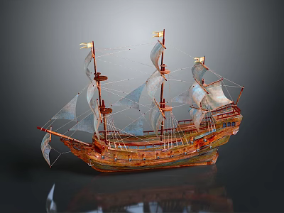 Vintage Sailing Ship Model with Wooden Hull Multiple Masts Detailed Sails and Dark Background Reflection 3d model