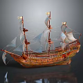 Vintage Sailing Ship Model with Wooden Hull Multiple Masts Detailed Sails and Dark Background Reflection