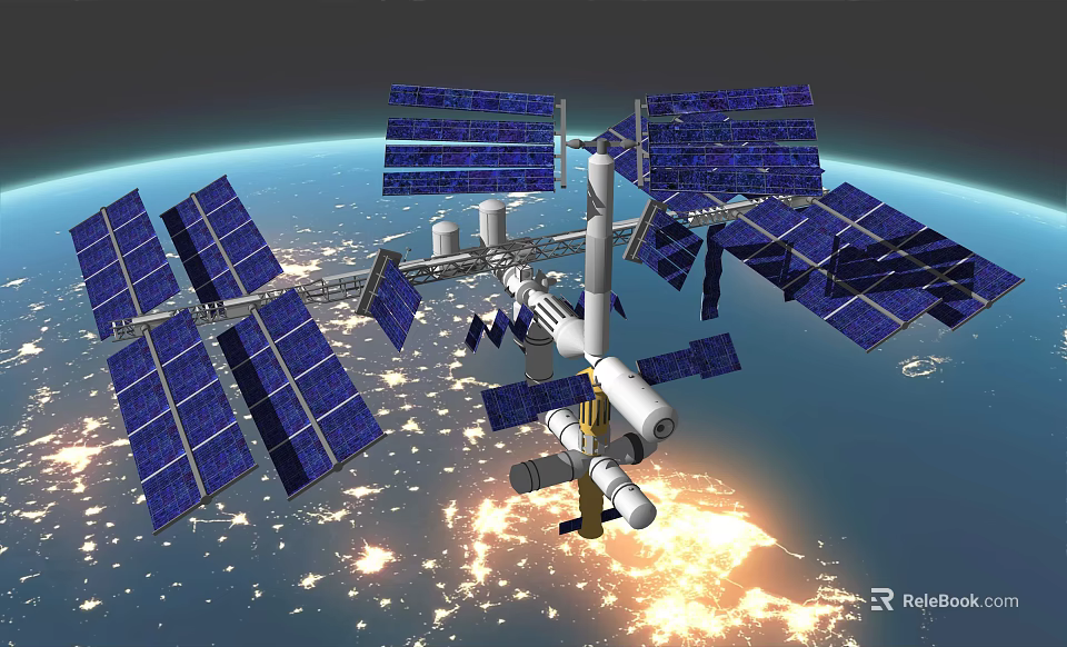 International Space Station with Large Solar Panels Orbiting Above Earth Surface 3d model 