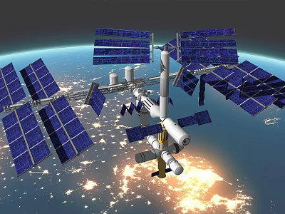 International Space Station with Large Solar Panels Orbiting Above Earth Surface 3d model