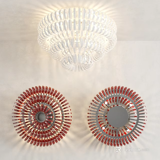 Modern White Circular Ceiling Light with Red Silver Decorative Mirrors on Light Colored Wall 3d model 