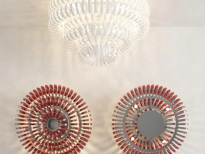 Modern White Circular Ceiling Light with Red Silver Decorative Mirrors on Light Colored Wall 3d model