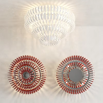 Modern White Circular Ceiling Light with Red Silver Decorative Mirrors on Light Colored Wall 3d model