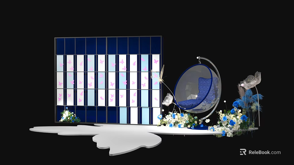 Elegant Event Stage With Blue Screen Hanging Chair White Platform And Flowers 3d model 