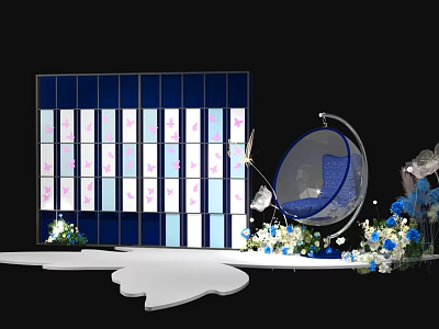 Elegant Event Stage With Blue Screen Hanging Chair White Platform And Flowers 3d model