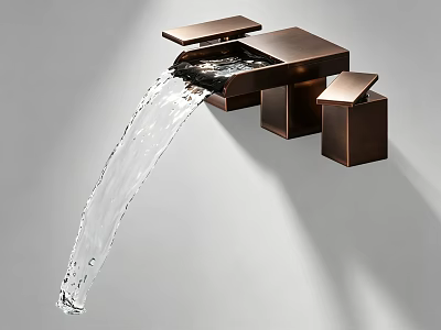 Modern Wall Mounted Brushed Bronze Faucet With Sleek Design And Flowing Water 3d model