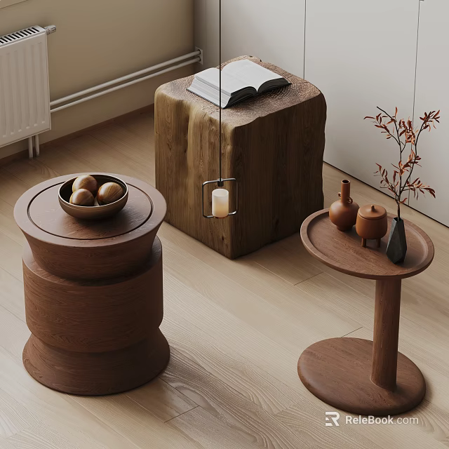 Wooden Side Tables With Fruit Bowl Book Candle And Vase Decor 3d model 