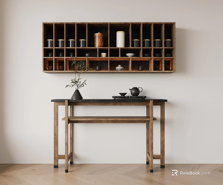 Minimalist Wooden Entryway Cabinet and Side Cabinet with Shelves Vase and Tea Set 3d model 