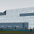 Modern Sales Office Building Exterior Featuring Perforated Facade Large Glass Windows And Green Plants