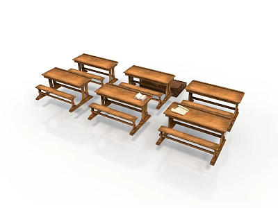 Vintage Wooden Classroom Desks And Benches With Classic Design For Educational Setting 3d model