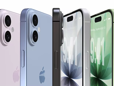 Apple iPhone Smartphones In Various Colors With Dual Camera And Display Screen Showing Time 3d model