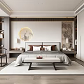 Modern Chinese Bedroom Interior With Large Bed Bench Rug And Circular Landscape Painting