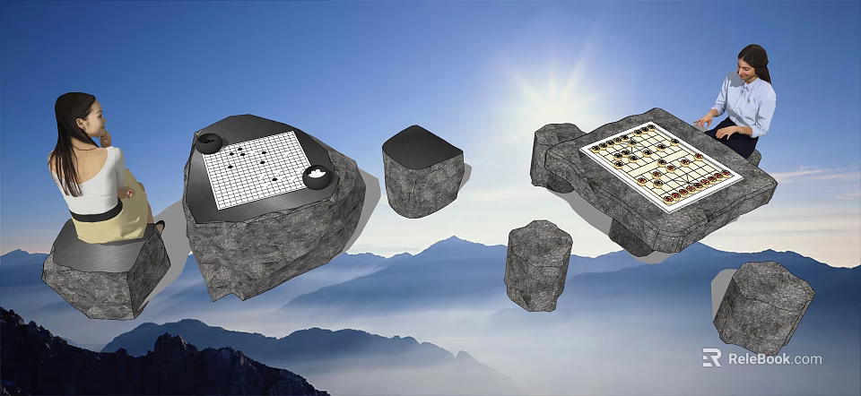 Chess Entertainment Scene With Rock Shaped Tables Stools Mountains Blue Sky And Sunshine 3d model 