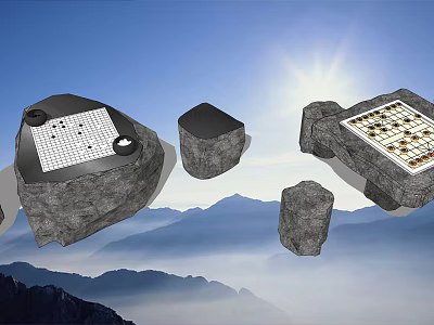 Chess Entertainment Scene With Rock Shaped Tables Stools Mountains Blue Sky And Sunshine 3d model