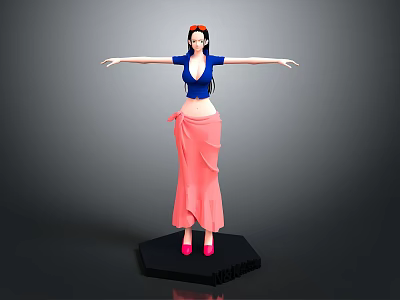 Animated Female Character In Blue Top Pink Skirt Red Headdress On Black Base Arms Outstretched 3d model
