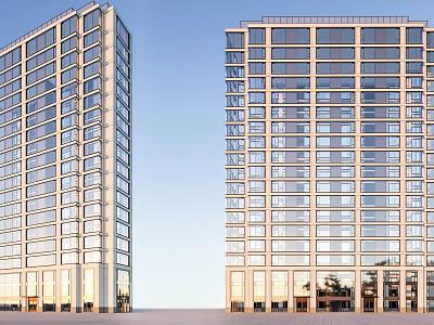 Modern High Rise Apartment Buildings With Glass Curtain Walls And Golden Frames Exterior Design 3d model