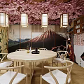 Japanese Style Private Dining Room With Cherry Blossom Ceiling Round Table And White Chairs