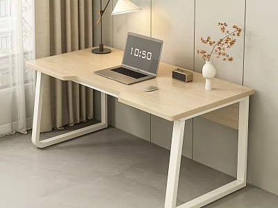 Modern Simple Desk With Laptop Table Lamp Clock And White Vase With Dried Flowers 3d model